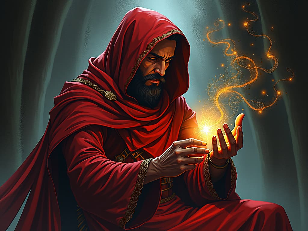  sorcerer in red garments, weaving starry fibers on an ethereal loom, threads of destiny intermingling, air of cosmic responsibility. the style is digital art illustration / modern comic book / graphic dark novel fantasy and mysterious occult, symbolic, moody lighting, esoteric vibe,high detail on character design. for the color scheme emphasize blacks and reds.