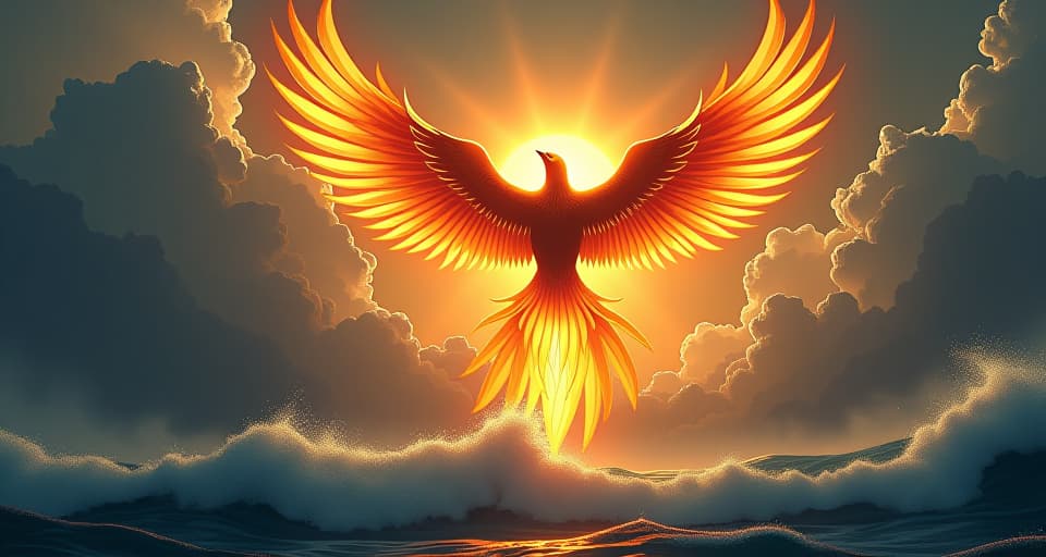  a majestic phoenix soaring above stormy clouds, its fiery wings emitting radiant light, ocean waves crashing below, symbolizing transcending negativity. the style is digital art illustration / modern comic book / mysterious occult, symbolic, esoteric vibe,high detail on character design, incorporating ancient egyptian symbology and attire.