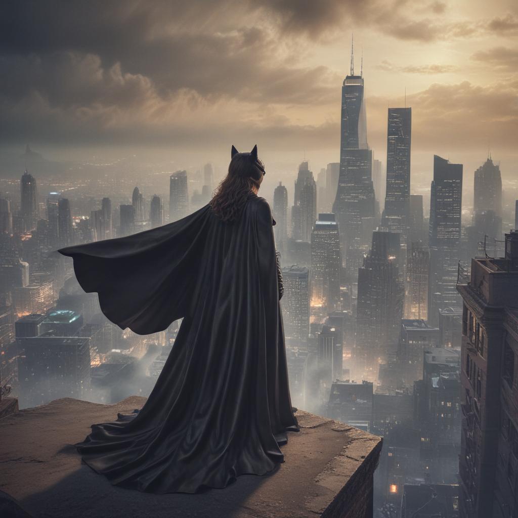 ((masterpiece)),(((best quality))), 8k, high detailed, ultra detailed, Cat Woman kiss, flowing cape, city skyline, romantic setting, dramatic lighting hyperrealistic, full body, detailed clothing, highly detailed, cinematic lighting, stunningly beautiful, intricate, sharp focus, f/1. 8, 85mm, (centered image composition), (professionally color graded), ((bright soft diffused light)), volumetric fog, trending on instagram, trending on tumblr, HDR 4K, 8K