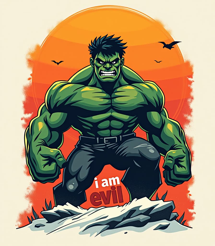  vector t shirt design in vintage style, bold retro and orange sunset colors, black style design, cartoon hulk, with the text “i am evil”, typography, kawaii style on a snow white background, illustration, typography hyperrealistic, full body, detailed clothing, highly detailed, cinematic lighting, stunningly beautiful, intricate, sharp focus, f/1. 8, 85mm, (centered image composition), (professionally color graded), ((bright soft diffused light)), volumetric fog, trending on instagram, trending on tumblr, HDR 4K, 8K