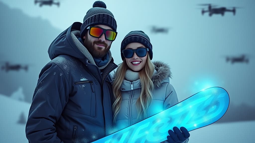  bearded man and beautiful woman wearing high tech glasses posing with holographic snowboard in futuristic snow covered landscape with ai enhanced drones flying overhead