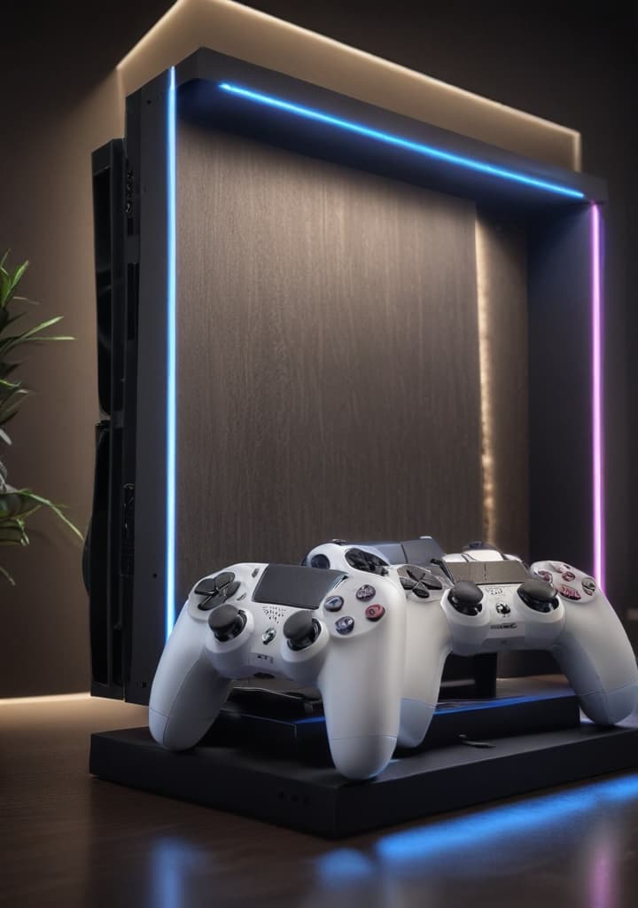 play Station 5 en or dans un décor de luxe highly detailed,studio lighting,professional,vivid colors, cinematic lighting, HDR, UHD, 4K, 8k, 64K