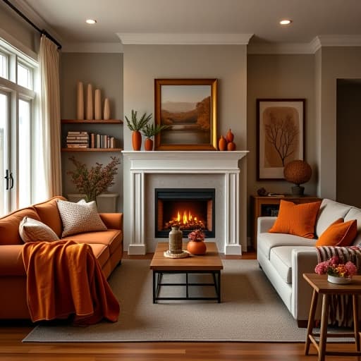  an inviting living room with warm autumn hues: think cozy blankets, soft throw pillows, and flickering candles.