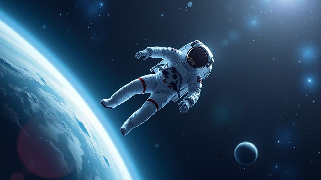  astronaut floating in weightlessness of space surrounded by stars and planets realistic uhd illustration