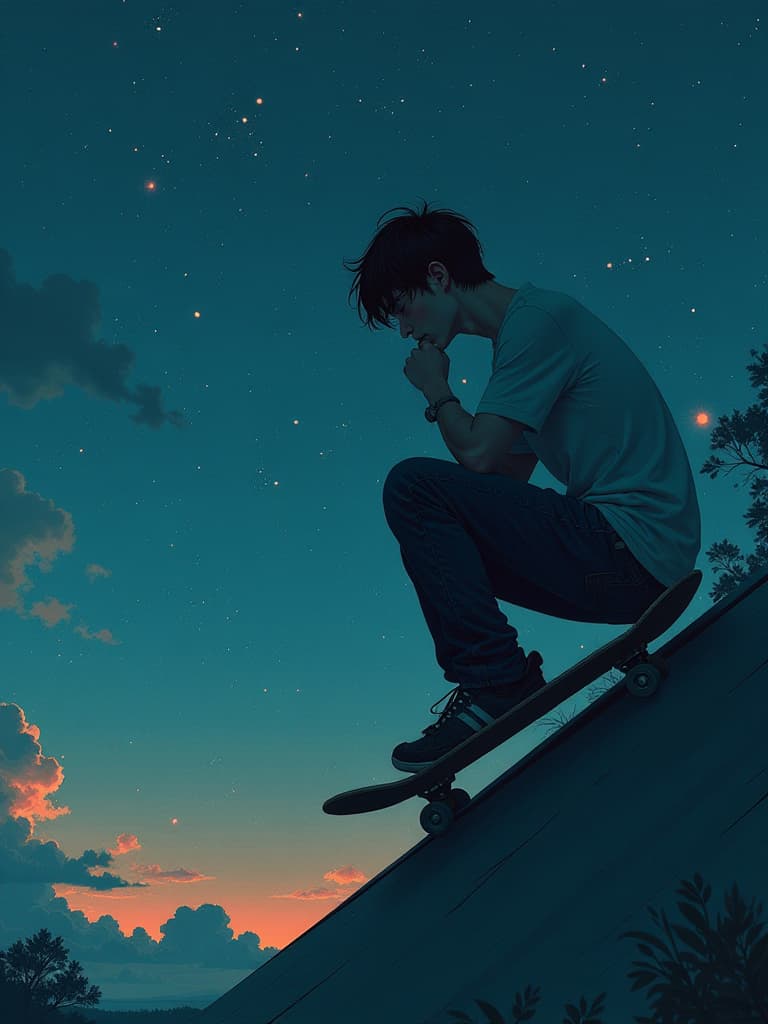  a man riding a skateboard up the side of a ramp, picsart, anime style portrait, late night melancholic photo, the kiss, grainy damaged photo, hand on her chin, stargazer, :: nixri, rough sketch, hsl, sebastian michaelis, insomnia, noisy filter, star ocean hyperrealistic, full body, detailed clothing, highly detailed, cinematic lighting, stunningly beautiful, intricate, sharp focus, f/1. 8, 85mm, (centered image composition), (professionally color graded), ((bright soft diffused light)), volumetric fog, trending on instagram, trending on tumblr, HDR 4K, 8K