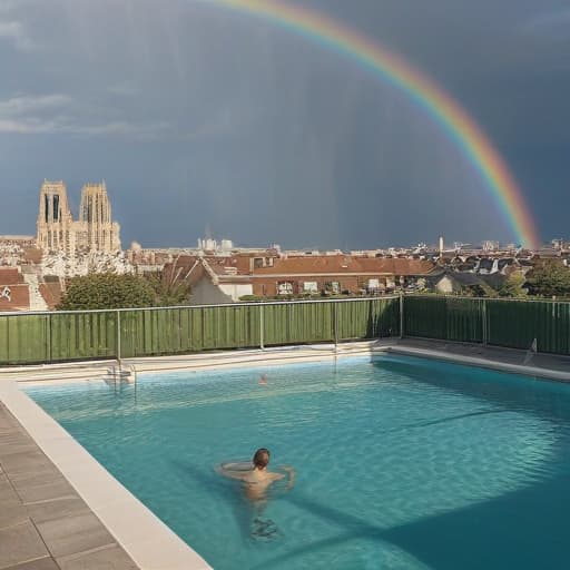 Draw a man who’s going to swim. The scene takes place in a swiming pool of a roof top appartement in Reims . We can see the cathedrale and a rainbow in the Sky.