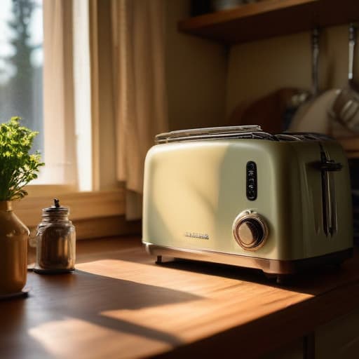 A photo of a skilled appliance technician meticulously repairing a vintage toaster in a cozy and cluttered kitchen during the soft glow of late afternoon sunlight filtering through the curtains, casting warm and inviting shadows across the worn wooden countertops.