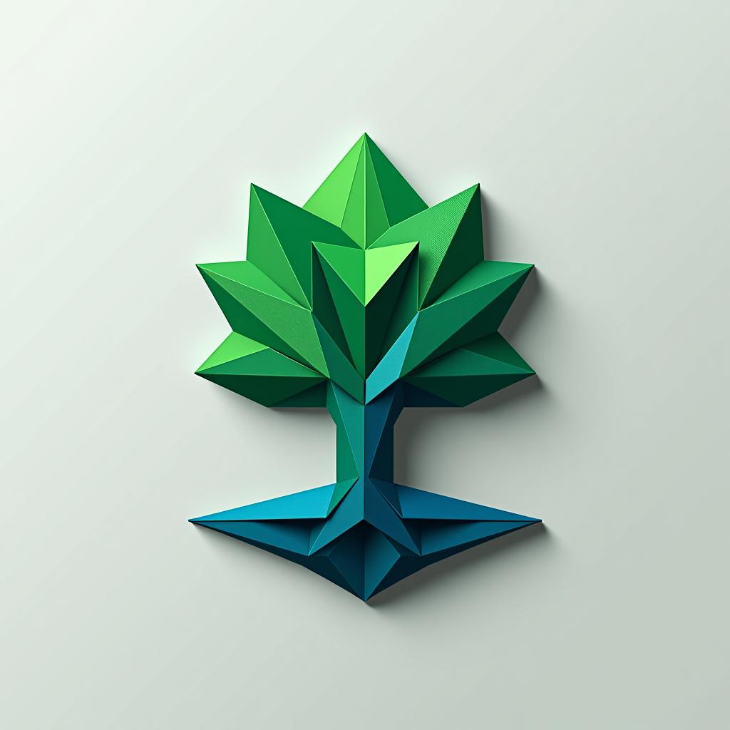  logo, (origami style), logo of a tree, green and blue