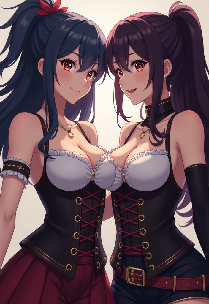  anime artwork two muscular pirate girls in corsets with dark hair close up . anime style, key visual, vibrant, studio anime, highly detailed