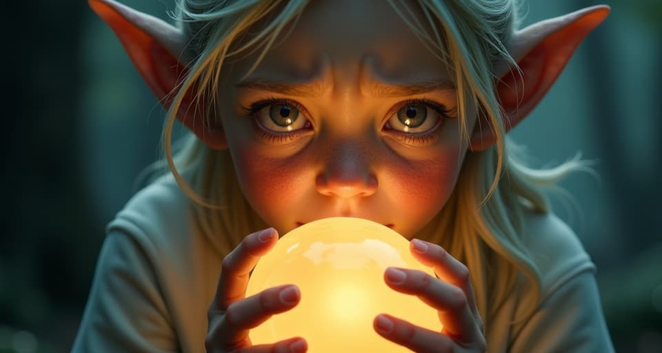  close up of an ethereal elf, eyes filled with fear, clutching a glowing orb. trembling hands, stark contrast, emotional intensity.. the style is digital art illustration,highly detailed, whimsical,magical, dreamlike atmosphere, realism and fantasy blend, smooth, glossy textures,luminous quality, wonder and enchantment.