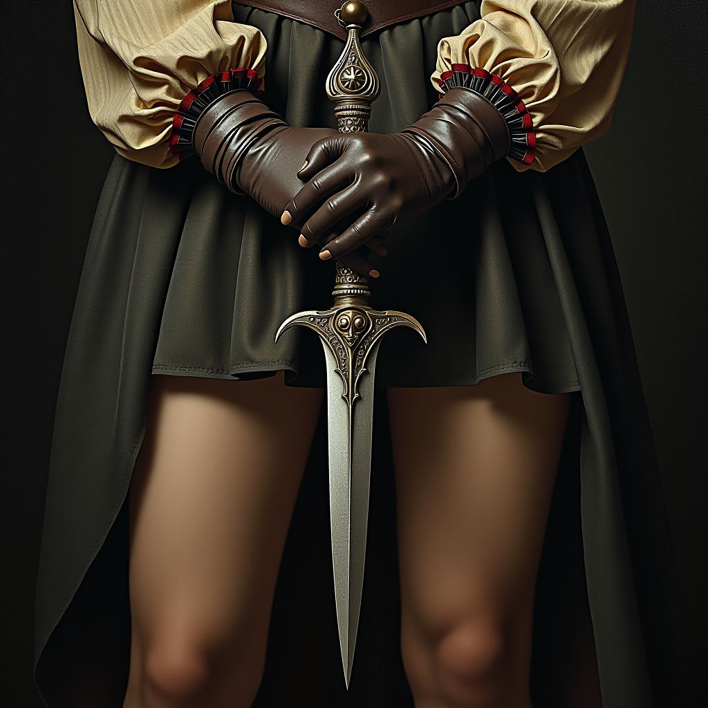  gothic style oil painting, women's hands in leather gloves and an 18th century dress, one hand clutching an ancient medieval stiletto decorated with carvings and the logo of the game "assassin creed" in the form of a stylized letter "a" with intricate patterns and ornaments, legs and arms slightly bent, (the pose shows preparation for a hidden blow with a stiletto:1.4), at the bottom the text with capital letters "assassin creed", high detail, high resolution, hyperrealism, lots of small details, perfect composition . dark, mysterious, haunting, dramatic, ornate, detailed hyperrealistic, full body, detailed clothing, highly detailed, cinematic lighting, stunningly beautiful, intricate, sharp focus, f/1. 8, 85mm, (centered image composition), (professionally color graded), ((bright soft diffused light)), volumetric fog, trending on instagram, trending on tumblr, HDR 4K, 8K