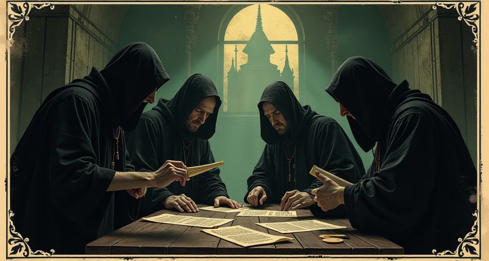  figures in a darkened room, whispering among themselves, furtive glances, scrolls or papers clutched in hands, a sense of secrecy, treachery in the air. an illustration in the style of a worn, mystical old tarot trump card, mysterious and elements of surrealism. the colors are muted, somber and eerie, but with contrast bring out an occult and esoteric vibe.