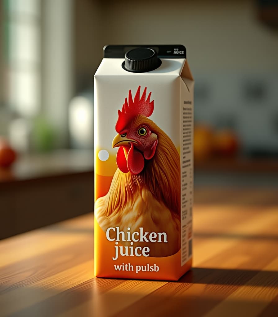  a carton of juice with a picture of a realistic chicken on the front, the label says "chicken juice with pulp", realistic, masterpiece, photo realistic, on a kitchen table, hyperrealistic, full body, detailed clothing, highly detailed, cinematic lighting, stunningly beautiful, intricate, sharp focus, f/1. 8, 85mm, (centered image composition), (professionally color graded), ((bright soft diffused light)), volumetric fog, trending on instagram, trending on tumblr, HDR 4K, 8K