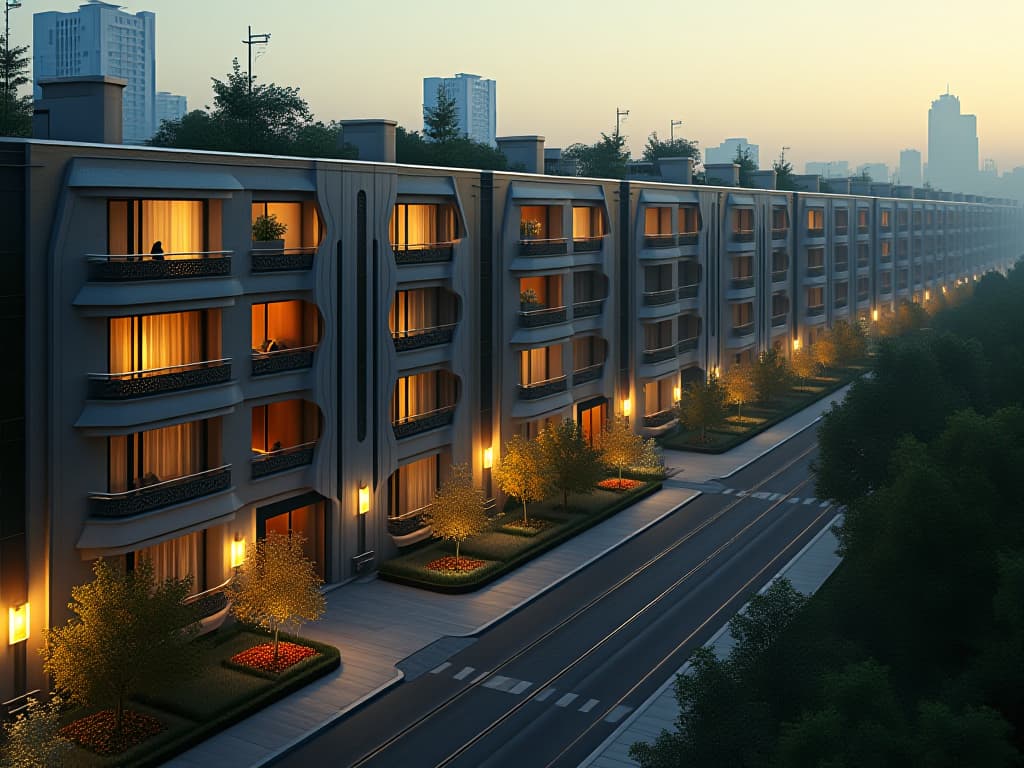  cinematic photo residential quarter, futuristic three storey apartment buildings in a mixture of art deco styles, gothic and futurism, flowerbeds and paths in front of buildings, tram line, evening, bird's eye view, professional photos, high resolution, high detail, subdued lighting . 35mm photograph, film, bokeh, professional, 4k, highly detailed