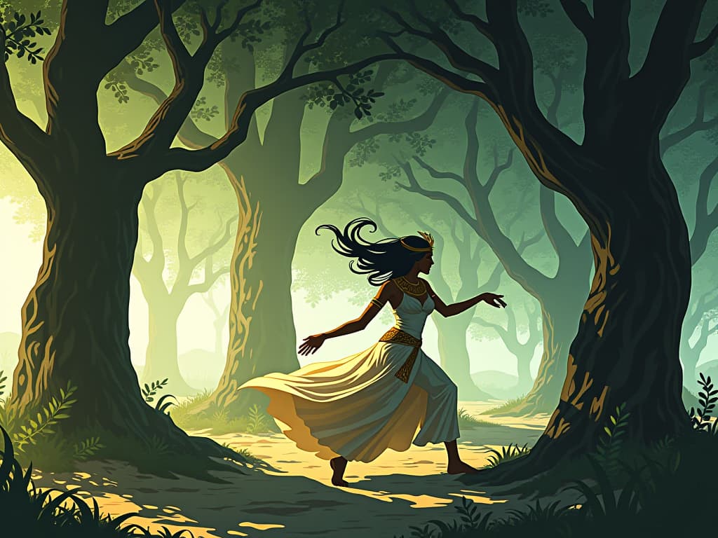  trees swaying gently in the wind, their leaves rustling rhythmically, creating a natural dance performance. the style is digital art illustration / modern comic book / mysterious occult, symbolic, esoteric vibe,high detail on character design, incorporating ancient egyptian symbology and attire.