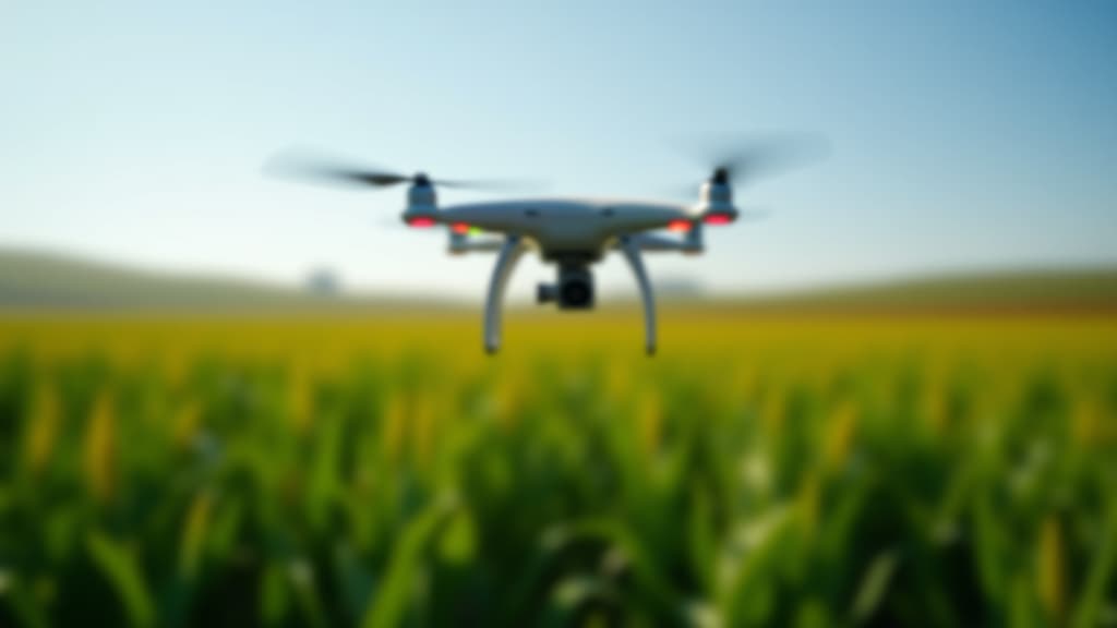  a drone flying over a cornfield, smart tech used for monitoring the fields in agriculture, automation and innovation through artificial intelligence