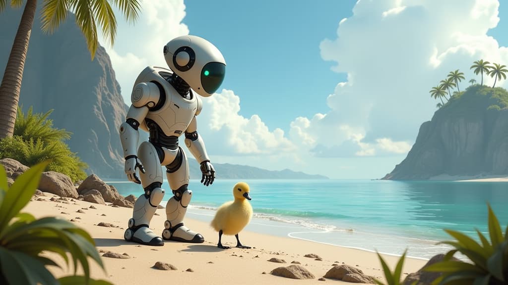  prompt: create a hyper realistic and detailed image showcasing the futuristic world of "the wild robot". the scene should feature roz, the unique robot protagonist, interacting with various animals on a deserted island after a shipwreck. include key elements such as roz (rozzum 7134) forming bonds with the animals, particularly protecting an orphaned gosling. incorporate a visually stunning backdrop of the island's landscape, emphasizing the harsh environment that roz must adapt to. ensure the i