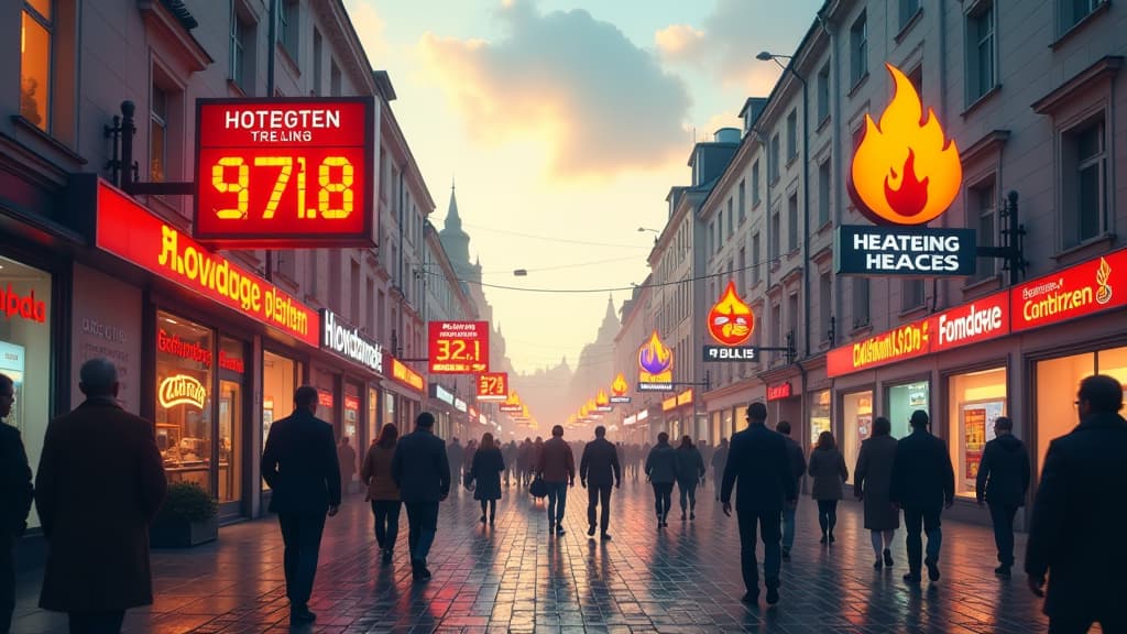  prompt: create an ultra realistic image capturing the dynamics of heating oil prices in enzkreis. the scene depicts a detailed composition of a cityscape in enzkreis, with prominent branding of heating oil companies and logos showcasing fluctuating prices. show a bustling market square with digital price boards displaying the average cost of 100 liters at 97.18 euros. include a diverse crowd of people analyzing price trends, with some individuals holding calculators and graphs, symbolizing decis