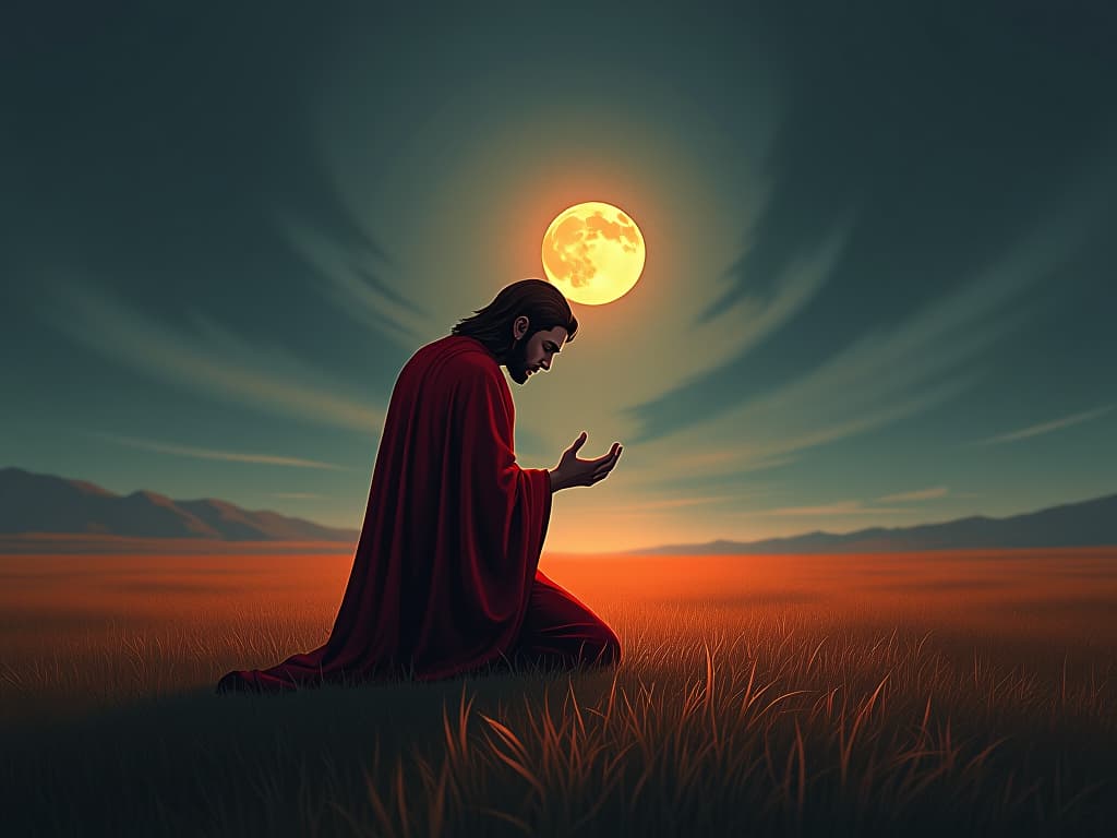  red clad figure kneeling in an open field, dawn breaking, sense of humility and acknowledgment, light illuminating face. the style is digital art illustration / modern comic book / graphic dark novel fantasy and mysterious occult, symbolic, moody lighting, esoteric vibe,high detail on character design. for the color scheme emphasize blacks and reds.