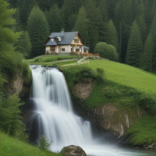 my dream house is a mountain waterfall, green meadows, forest, cows grazing