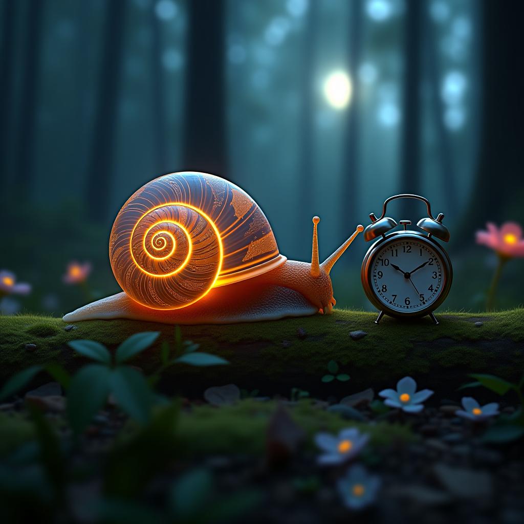  create a high quality, photorealistic image that vividly depicts the following scene: in a tranquil moonlit woodland scene, an intricately detailed snail slumbers peacefully within its warmly lit, transparent shell bright spirals and designs. the snail rests on a velvety moss covered log beside a slowly ticking hourgl, symbolizing its lengthy sleep. distant trees and bioluminescent flora immerse the surroundings in a serene glow, accentuated by the canon eos r5, nikon 300mm f/4, iso 500, with a 1/60s exposure under soft diffused light. encomping a serenity that matches the encapsulated sleep state of the snail, this high resolution 8k image, unedited, provides symmetrically balanced frame, filled with nature' hyperrealistic, full body, detailed clothing, highly detailed, cinematic lighting, stunningly beautiful, intricate, sharp focus, f/1. 8, 85mm, (centered image composition), (professionally color graded), ((bright soft diffused light)), volumetric fog, trending on instagram, trending on tumblr, HDR 4K, 8K