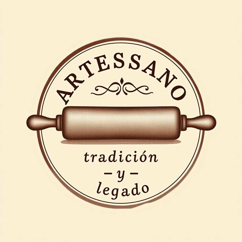  design a logo, in a pencil style. “artessano” simple and elegant design circular design light and brown tones use a rolling pin image , with the text 'tradición y legado'.