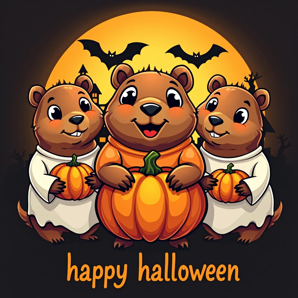  three capybaras wearing ghost shirts in a spooky halloween scene. each capybara has big black eyes. the middle capybara holds a large carved pumpkin, and the other two hold smaller carved pumpkins. the background features a large orange moon with black silhouettes of bats, haunted houses, and trees. below the capybaras, the word 'happy halloween' is written in a bold, stylized font. the overall style is fun and cartoonish with a glossy finish.