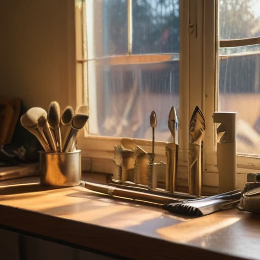 A photo of shiny metal vent cleaning tools being meticulously arranged in an orderly fashion on a clean wooden workbench in a clutter-free industrial workshop, during the soft glow of the late afternoon sunlight filtering through a large window, casting warm golden hues on the tools, creating a peaceful and organized ambiance that conveys precision and expertise in vent cleaning services.