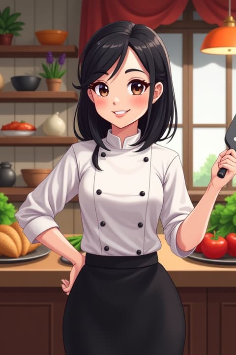  a cartoon style female chef with semi long straight black hair, wearing a traditional white chef's coat and a black apron, standing confidently in a colorful kitchen filled with various cooking utensils and ingredients. she is smiling and holding a spatula in one hand, with a backdrop of delicious dishes and a lively atmosphere, showcasing her culinary skills and passion for cooking.