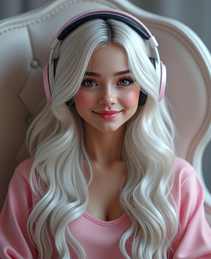  hyperrealistic art young beautiful girl streamer in headphones long white wavy hair sitting on a streamer chair smiling super long false eyelashes lips not made up maximum detail waist length portrait 4k . extremely high resolution details, photographic, realism pushed to extreme, fine texture, incredibly lifelike hyperrealistic, full body, detailed clothing, highly detailed, cinematic lighting, stunningly beautiful, intricate, sharp focus, f/1. 8, 85mm, (centered image composition), (professionally color graded), ((bright soft diffused light)), volumetric fog, trending on instagram, trending on tumblr, HDR 4K, 8K