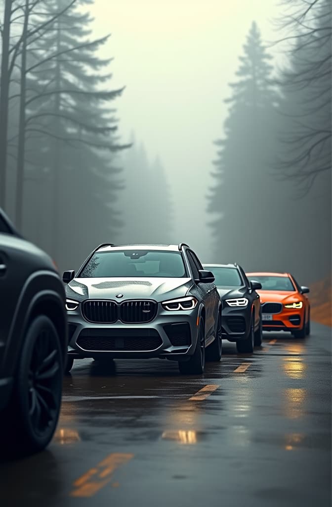  realiza una imagen real de una cochera con los siguientes autos: volvo xc90, bmw x6 m, audi a7, jeep wrangler, ram 1500, honda crv y kia k3, todos modelos 2024 hyperrealistic, full body, detailed clothing, highly detailed, cinematic lighting, stunningly beautiful, intricate, sharp focus, f/1. 8, 85mm, (centered image composition), (professionally color graded), ((bright soft diffused light)), volumetric fog, trending on instagram, trending on tumblr, HDR 4K, 8K