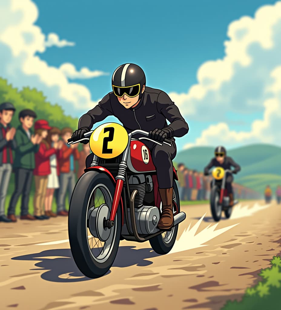  anime, anime sytle, anime image, cartoon, real cartoon, real anime, a motorcycle race in the 1930 with standing spectators applauding.