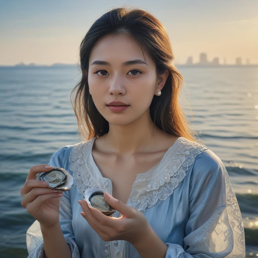 ((masterpiece)),(((best quality))), 8k, high detailed, ultra detailed,A painting of Xishi oysters, A girl holding a pearl, (blue ocean in the background), sunlight filtering through the water hyperrealistic, full body, detailed clothing, highly detailed, cinematic lighting, stunningly beautiful, intricate, sharp focus, f/1. 8, 85mm, (centered image composition), (professionally color graded), ((bright soft diffused light)), volumetric fog, trending on instagram, trending on tumblr, HDR 4K, 8K