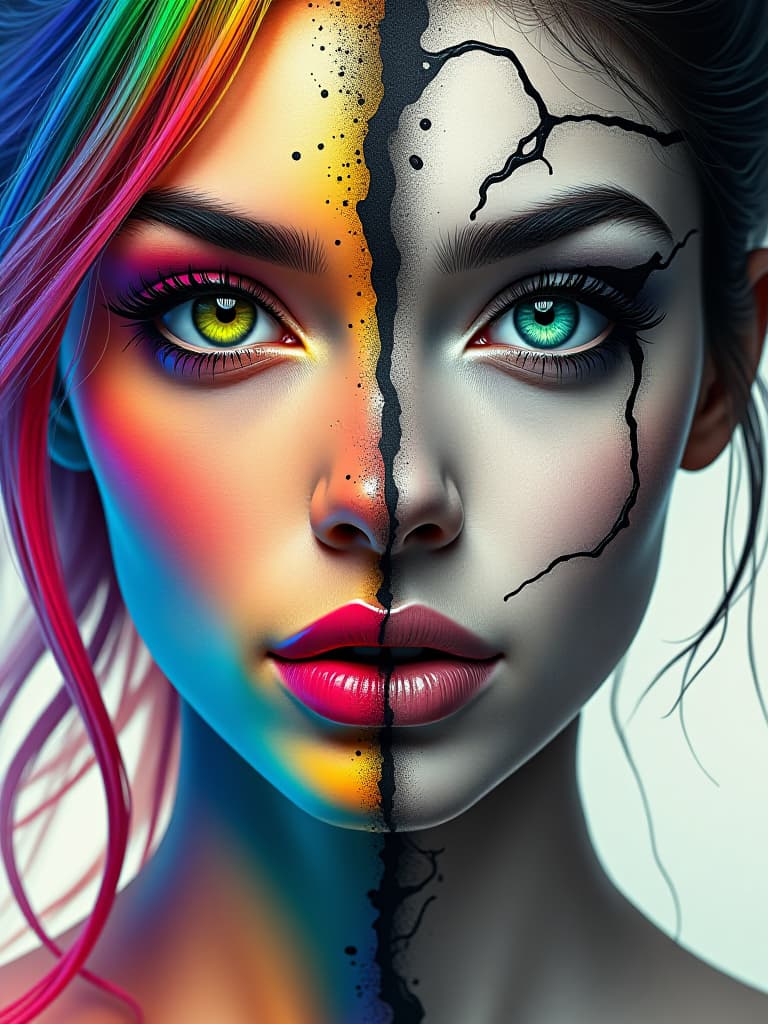  (masterpiece, diptych art:1.4), split canvas, left side: vibrant and colorful woman's face, (photo realistic details:1.3), radiant skin tones, (luminous green eyes:1.2), flowing rainbow colored hair, (intricate makeup:1.1), right side: monochromatic woman’s face, (ink splatters:1.3), expressive features, dramatic shadows, (abstract patterns:1.2) emerging from the ink, bottom center text “ars neuronica” in bold capital letters, (gothic font calligraphy:1.4), surrealistic elements intertwining both halves, contrasting emotions, dynamic composition, thought provoking, rich textures, symbolic representation of duality in perception. hyperrealistic, full body, detailed clothing, highly detailed, cinematic lighting, stunningly beautiful, intricate, sharp focus, f/1. 8, 85mm, (centered image composition), (professionally color graded), ((bright soft diffused light)), volumetric fog, trending on instagram, trending on tumblr, HDR 4K, 8K