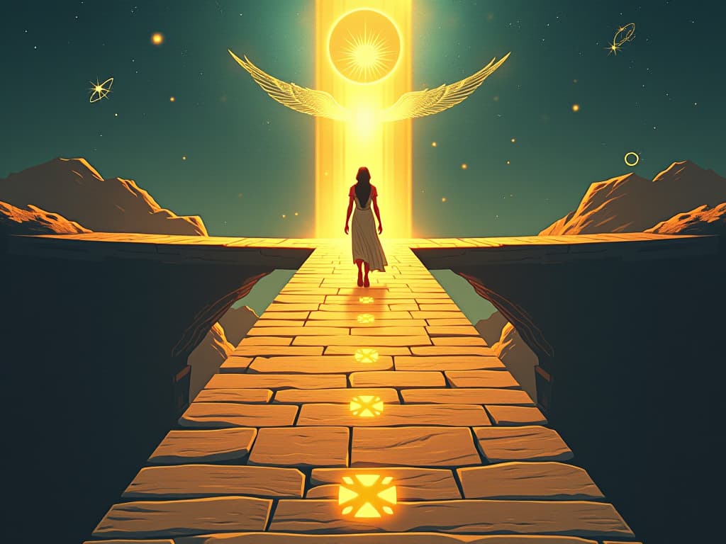  a bridge made of light, connecting two realms, with a figure walking across, guided by celestial energies, symbolizing the bridge between earthy and divine. the style is digital art illustration / modern comic book / mysterious occult, symbolic, esoteric vibe,high detail on character design, incorporating ancient egyptian symbology and attire.