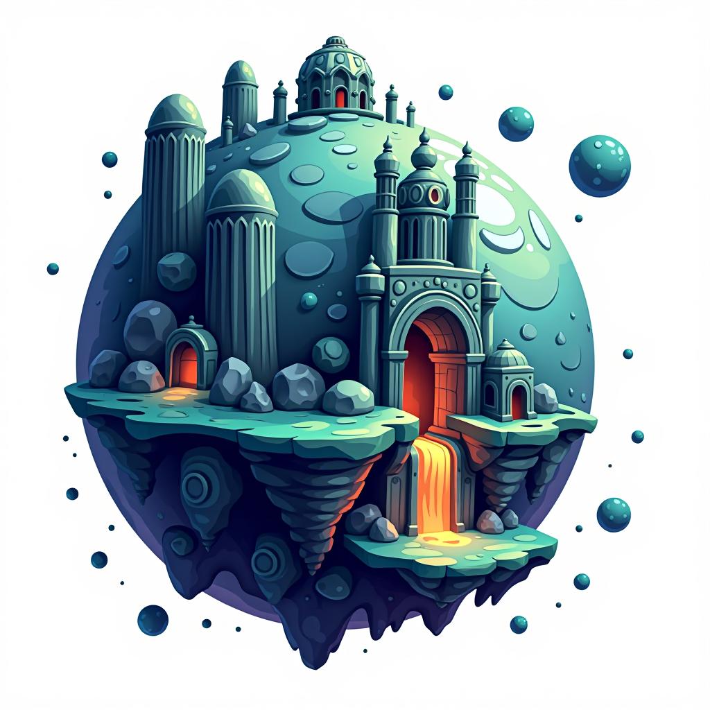  white background. left side: a simple vector graphic showing a hyper realistic alien planet's front view, featuring mysterious structures, bioluminescent patches, and sections of the planet split into floating fragments with glowing edges. unique architectural forms, and floating planetary fragments. elements adding a dynamic, otherworldly feel. cartoon and disney style.