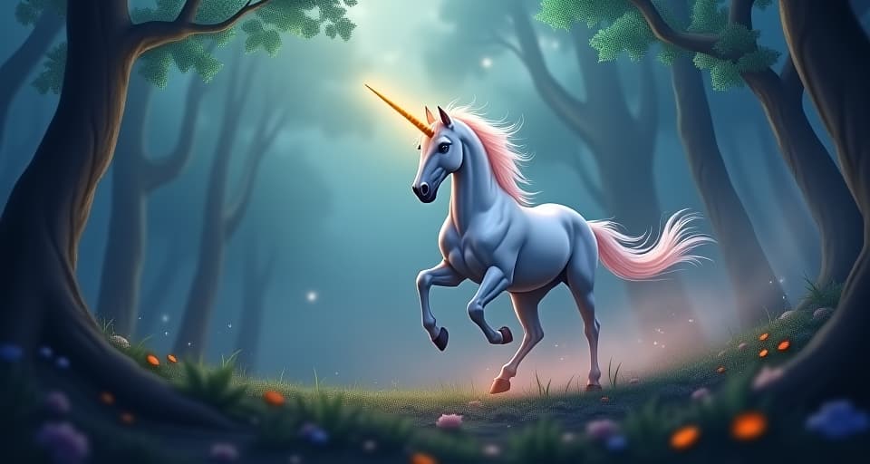  a majestic unicorn with a glowing horn galloping through an enchanted forest. its horn emits a piercing light that cuts through the fog, symbolizing incisive clarity, dynamic motion, ethereal strength.. the style is digital art illustration,highly detailed, whimsical,magical, dreamlike atmosphere, realism and fantasy blend, smooth, glossy textures,luminous quality, wonder and enchantment.