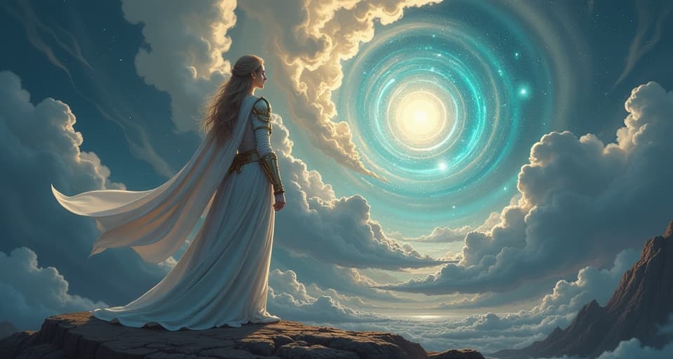  a serene warrior in ethereal armor standing unbroken amidst a celestial storm. the background is a tumultuous sky filled with glowing portals, symbolizing resilience and spiritual triumph.. the style is digital art illustration,highly detailed, whimsical,magical, dreamlike atmosphere, realism and fantasy blend, smooth, glossy textures,luminous quality, wonder and enchantment.