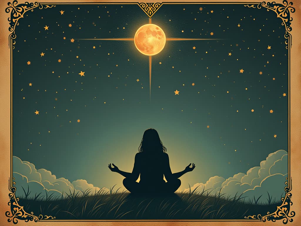  a serene scene of a person meditating under a starry sky, soft glow from above, sense of waiting and recognition, cosmic harmony. an illustration in the style of a worn, mystical old tarot trump card, mysterious and elements of surrealism. the colors are muted, somber and eerie, but with contrast bring out an occult and esoteric vibe.