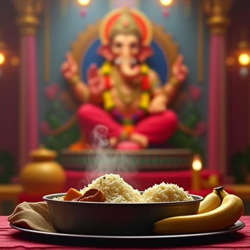  a poster with the text "aaicha dabba tiffin service". there is a steaming hot meal with rice, curry, and other indian dishes in the tiffin. the background is a traditional ganesh chaturthi festival setting, with a large statue of lord ganesh decorated with flowers and lights. there are also coconuts and bananas placed at the base of the statue. hyperrealistic, full body, detailed clothing, highly detailed, cinematic lighting, stunningly beautiful, intricate, sharp focus, f/1. 8, 85mm, (centered image composition), (professionally color graded), ((bright soft diffused light)), volumetric fog, trending on instagram, trending on tumblr, HDR 4K, 8K