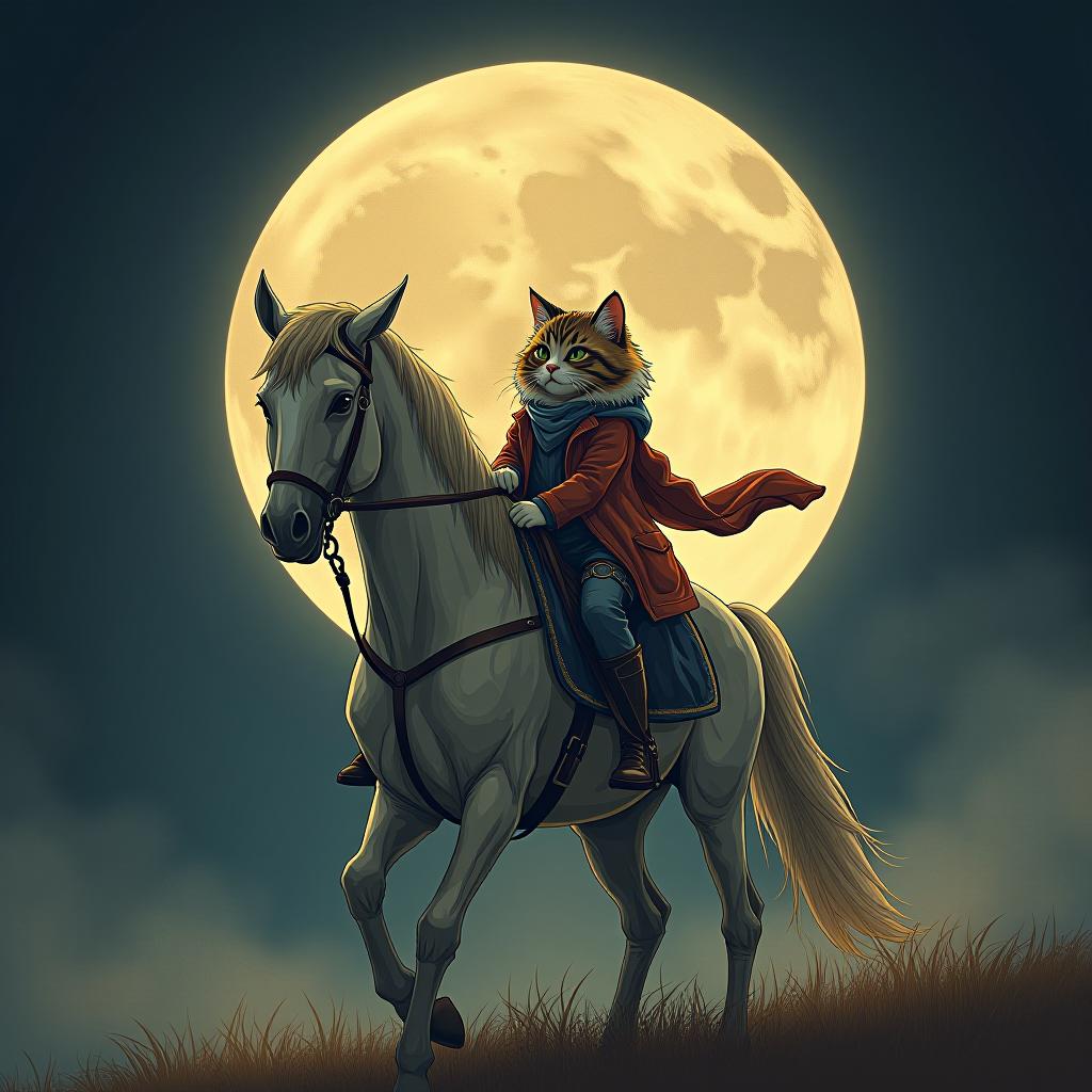  a cat riding a horse, hand drawn, on the moon, studio light, hdr 4k hyperrealistic, full body, detailed clothing, highly detailed, cinematic lighting, stunningly beautiful, intricate, sharp focus, f/1. 8, 85mm, (centered image composition), (professionally color graded), ((bright soft diffused light)), volumetric fog, trending on instagram, trending on tumblr, HDR 4K, 8K