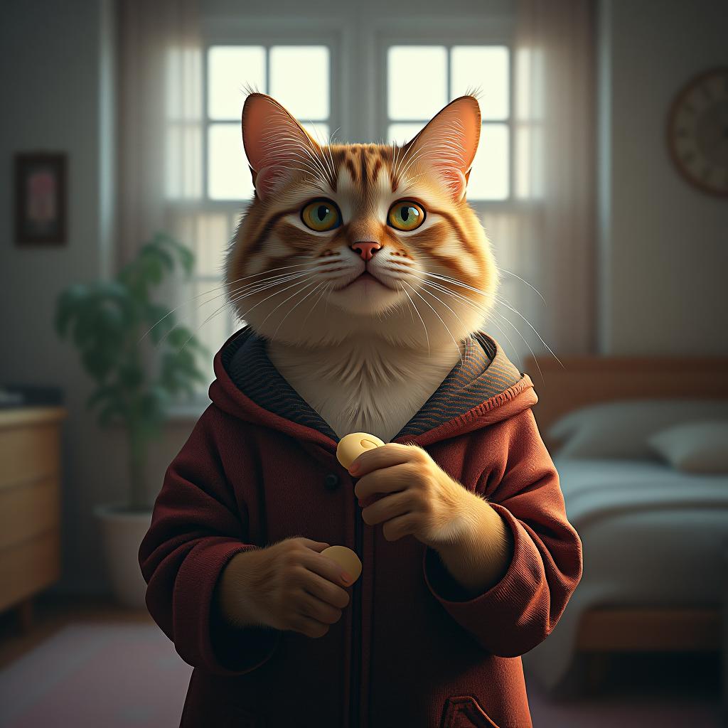  the cat is standing against the backdrop of the apartment, eating treats with a happy expression. hyperrealistic, full body, detailed clothing, highly detailed, cinematic lighting, stunningly beautiful, intricate, sharp focus, f/1. 8, 85mm, (centered image composition), (professionally color graded), ((bright soft diffused light)), volumetric fog, trending on instagram, trending on tumblr, HDR 4K, 8K