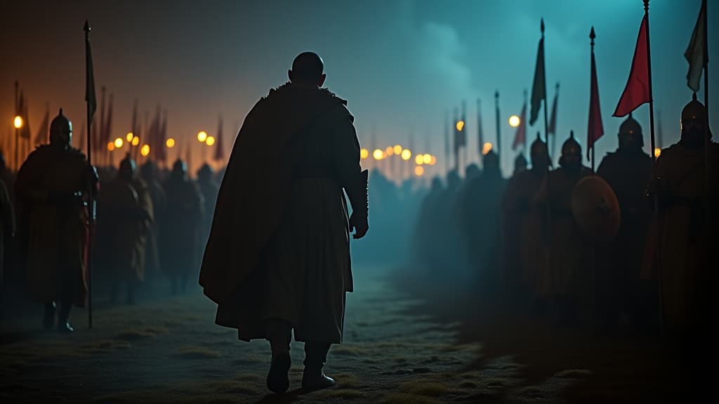  history of biblical times, gideon leading his small band of soldiers at night, preparing for their surprise attack, with a strategic map and a whisper of encouragement. hyperrealistic, full body, detailed clothing, highly detailed, cinematic lighting, stunningly beautiful, intricate, sharp focus, f/1. 8, 85mm, (centered image composition), (professionally color graded), ((bright soft diffused light)), volumetric fog, trending on instagram, trending on tumblr, HDR 4K, 8K