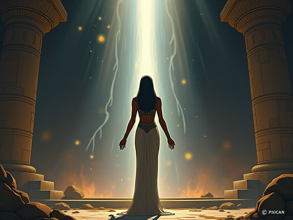  ancient egyptian woman in tight attire, standing before an altar, tears of divine light, symbolizing sacred act of emotional healing. the style is digital art illustration / modern comic book / mysterious occult, symbolic, esoteric vibe,high detail on character design, incorporating ancient egyptian symbology and attire.