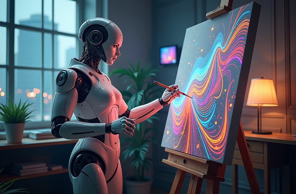  "imagine a futuristic artist's studio filled with vibrant holographic tools and screens displaying intricate, ai generated designs. in the center, a humanoid robot delicately paints a canvas that comes alive with swirling colors and innovative shapes, symbolizing the harmony between technology and creativity. soft ambient lighting casts a warm glow, while large windows show a cityscape blending natural elements with digital architecture, showcasing the fusion of art and artificial intelligence." hyperrealistic, full body, detailed clothing, highly detailed, cinematic lighting, stunningly beautiful, intricate, sharp focus, f/1. 8, 85mm, (centered image composition), (professionally color graded), ((bright soft diffused light)), volumetric fog, trending on instagram, trending on tumblr, HDR 4K, 8K