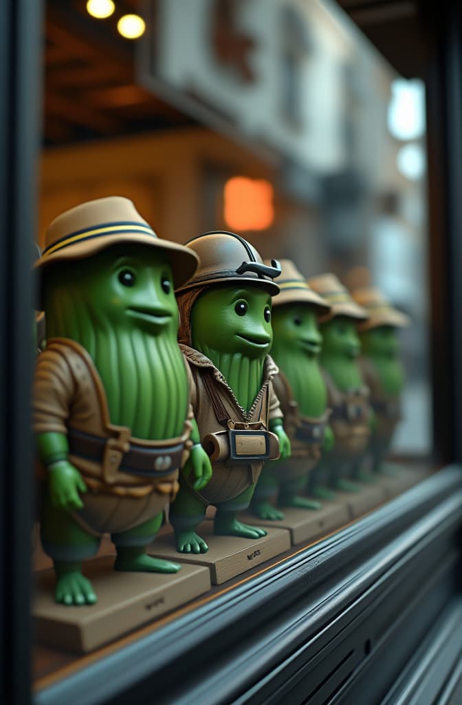  the storefront of a business that sells small hats for pickles. the front window has a display of green pickles lined up wearing a variety of different small hats and helmets. hyperrealistic, full body, detailed clothing, highly detailed, cinematic lighting, stunningly beautiful, intricate, sharp focus, f/1. 8, 85mm, (centered image composition), (professionally color graded), ((bright soft diffused light)), volumetric fog, trending on instagram, trending on tumblr, HDR 4K, 8K