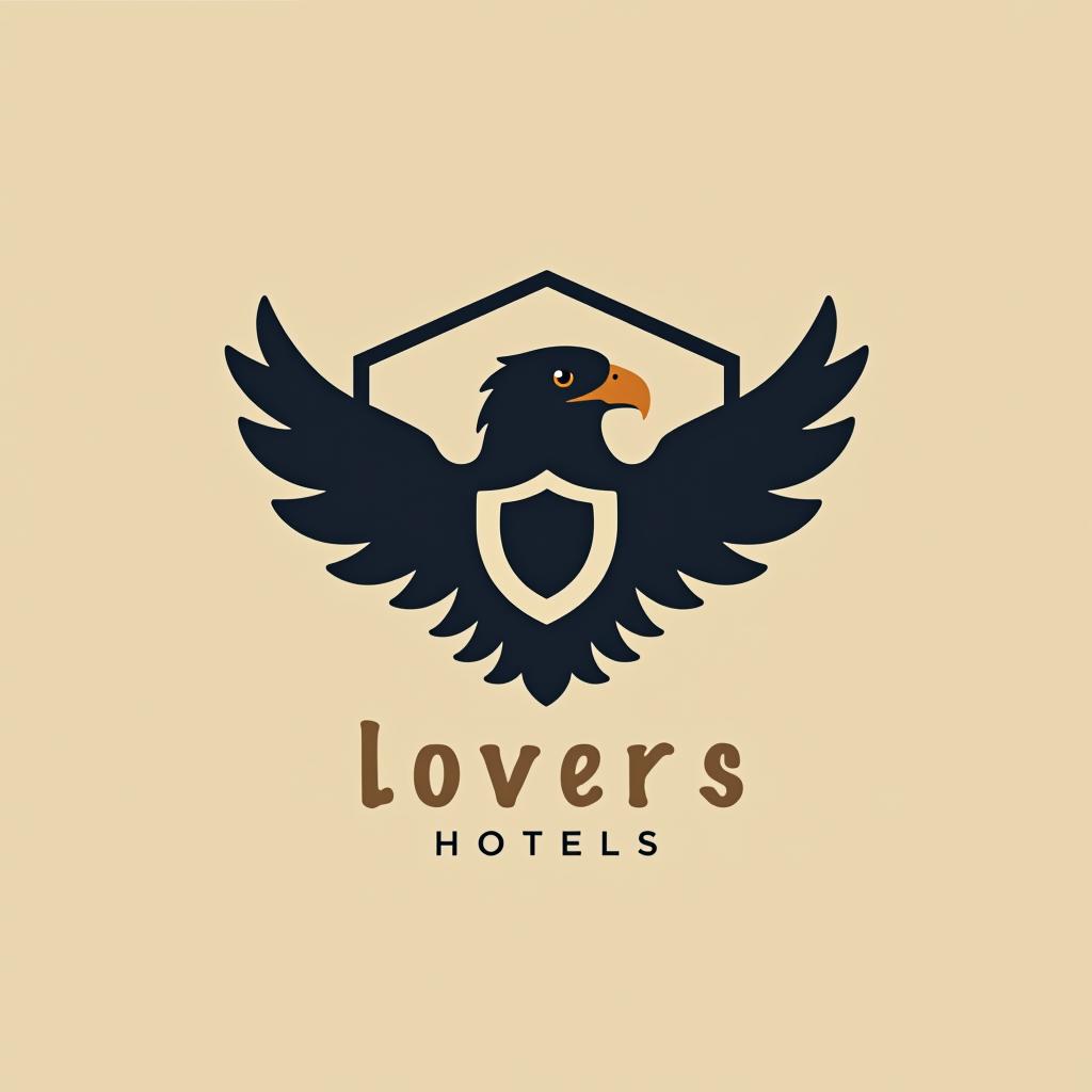  design a logo, create an emblem logo using an eagle’s eye and a shield, emphasizing the company’s focus on vigilance and protection., with the text 'lovers hotels'.