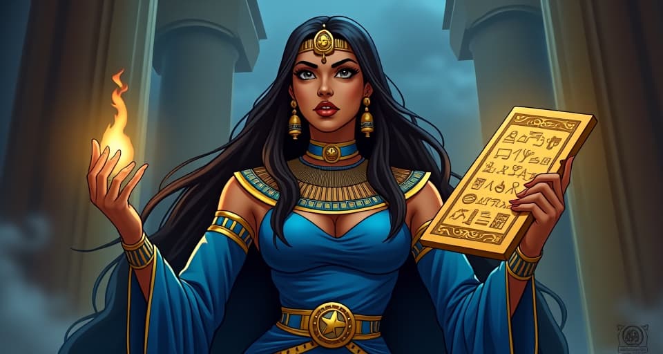  a large busted priestess in a tight, royal blue gown, holding a glowing hieroglyphic tablet, her expression serene and powerful, signifying real power in your hands.. the style is digital art illustration / modern comic book / mysterious occult, symbolic, esoteric vibe,high detail on character design, incorporating ancient egyptian symbology and attire.