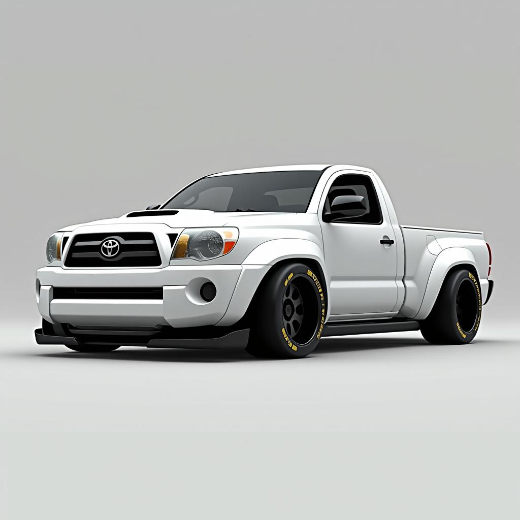  low poly style 2008 toyota tacoma, new, stanced, futuristic, gts, trd, lowered, racing, race truck, detailed, 8k, white,single cab, 17x12 wheels, wide body,. low poly game art, polygon mesh, jagged, blocky, wireframe edges, centered composition