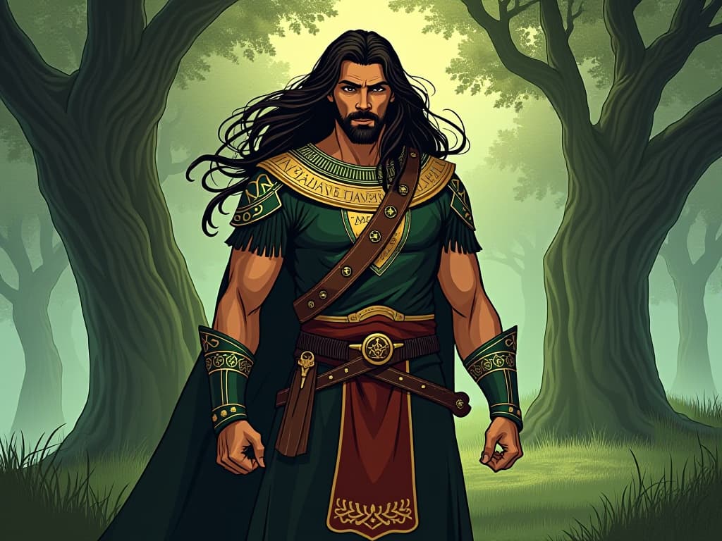  oisín, a handsome warrior with long flowing hair, muscular and dressed in traditional fianna garb, standing in a lush irish landscape filled with ancient oaks. the style is digital art illustration / modern comic book / mysterious occult, symbolic, esoteric vibe,high detail on character design, incorporating ancient egyptian symbology and attire.